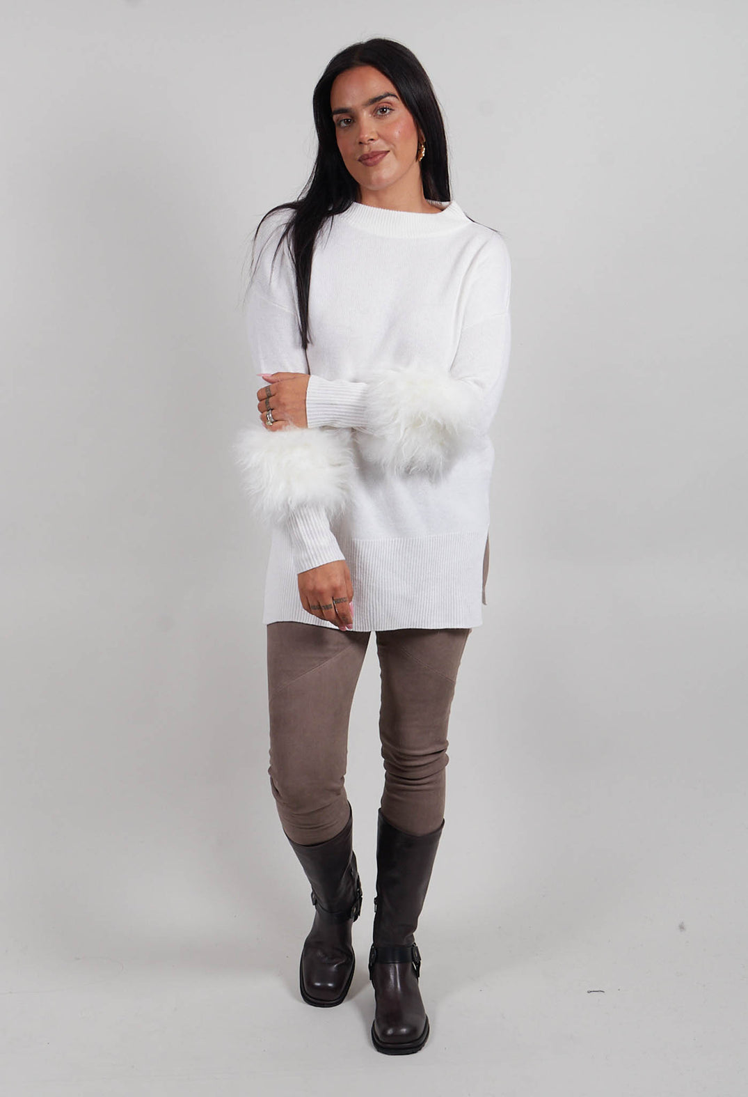 Wool Jumper with Sheepskin trim Sleeves in Pearl