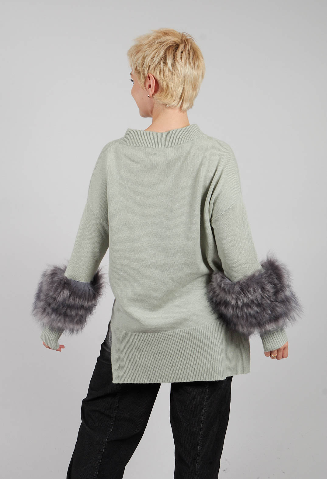 Wool Jumper with Sheepskin trim Sleeves in Peridot