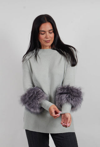 Wool Jumper with Sheepskin trim Sleeves in Peridot