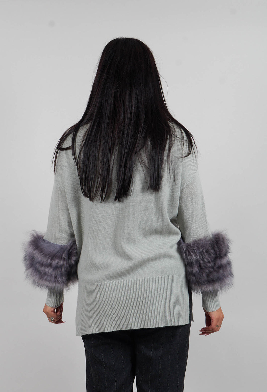 Wool Jumper with Sheepskin trim Sleeves in Peridot