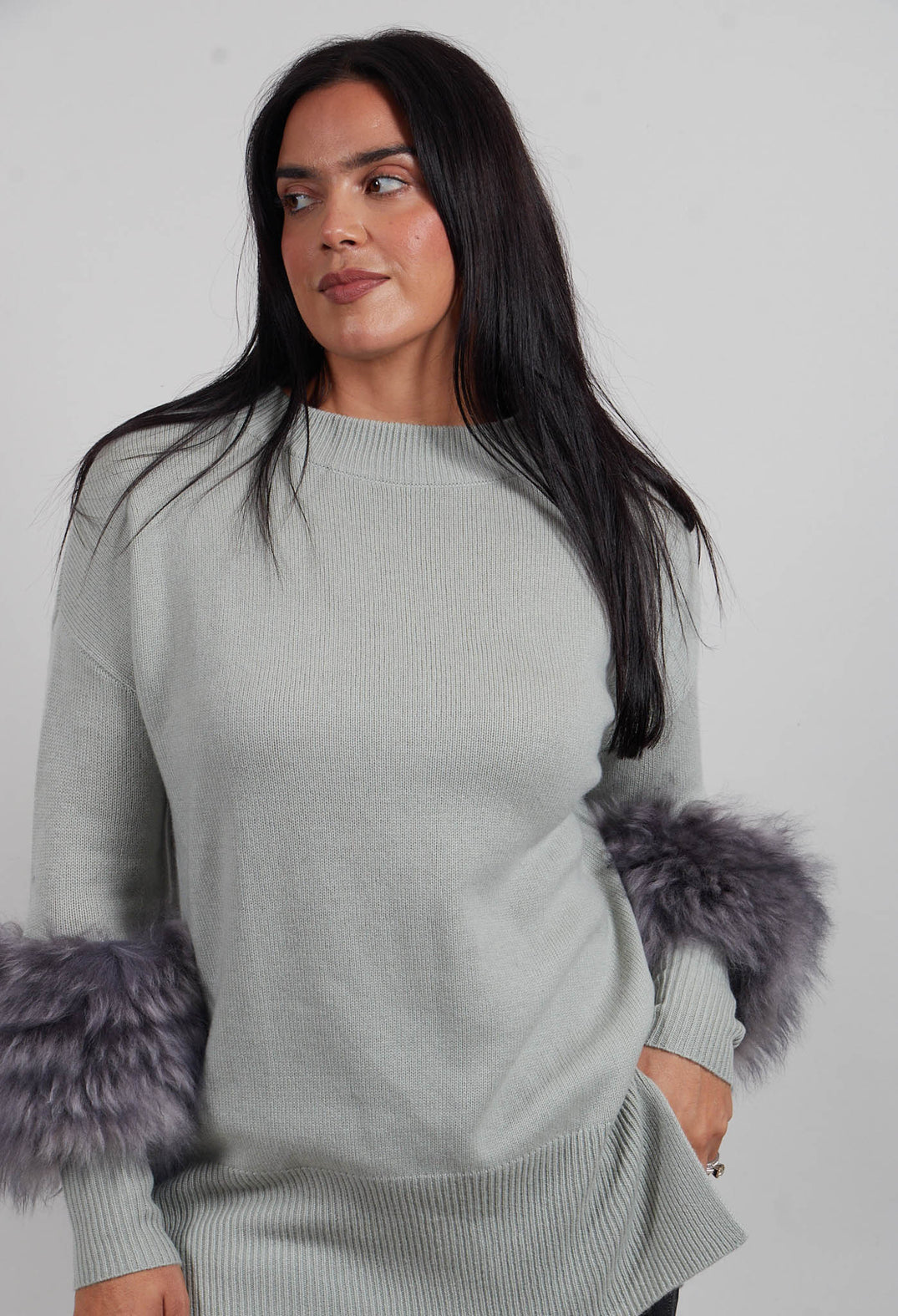 Wool Jumper with Sheepskin trim Sleeves in Peridot