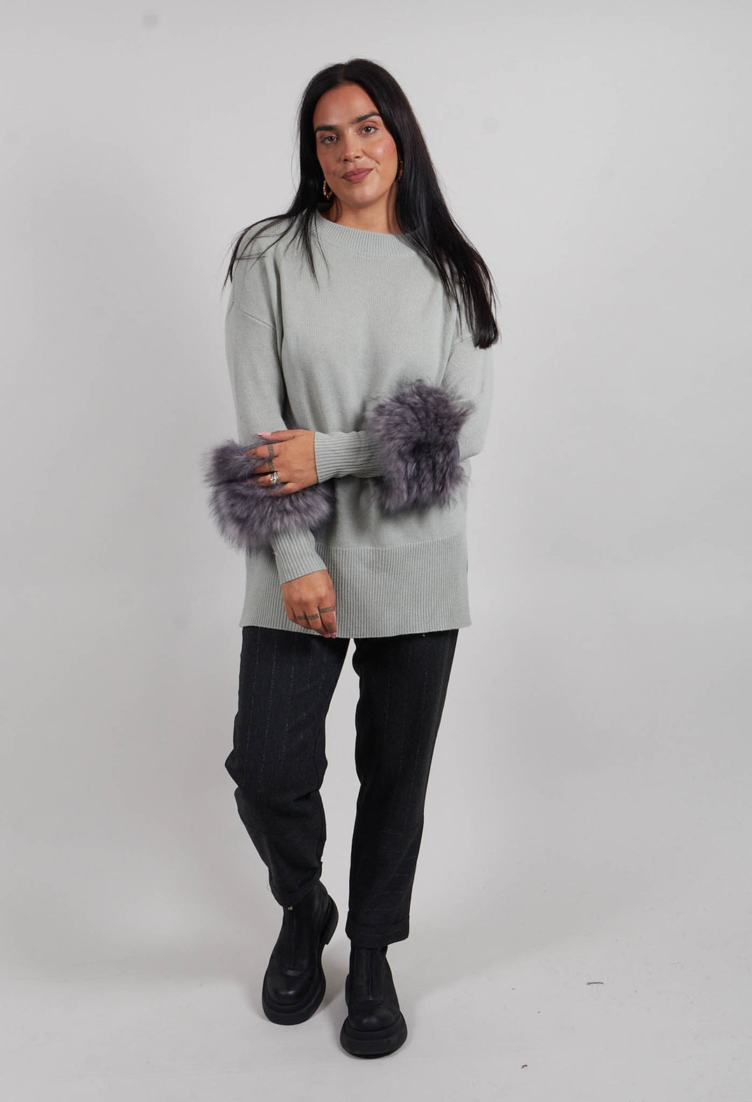 Wool Jumper with Sheepskin trim Sleeves in Peridot