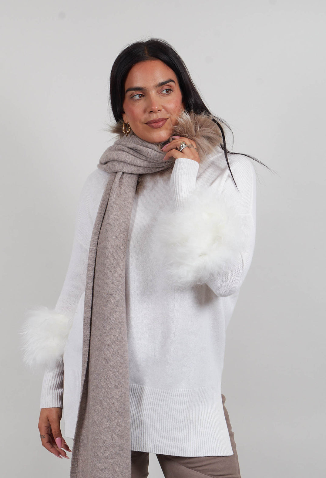 Wool Scarf with Fur Trim in Sandstone