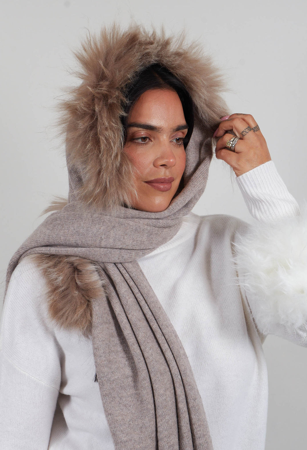 Wool Scarf with Fur Trim in Sandstone