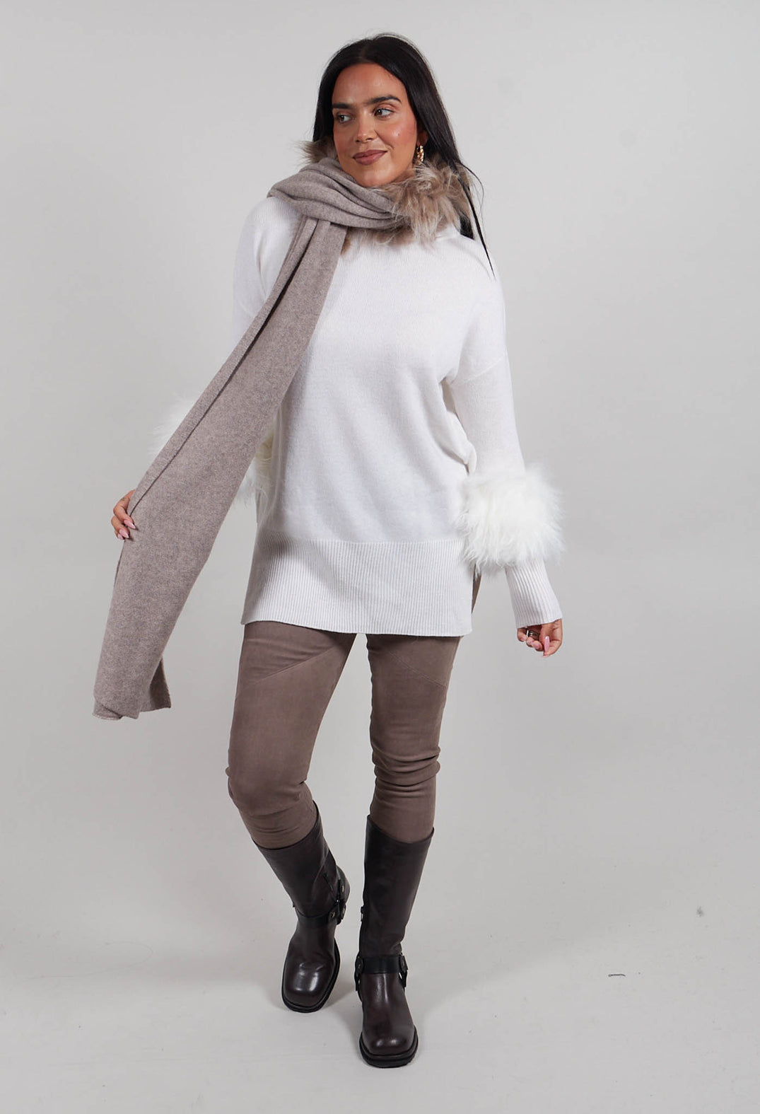 Wool Scarf with Fur Trim in Sandstone
