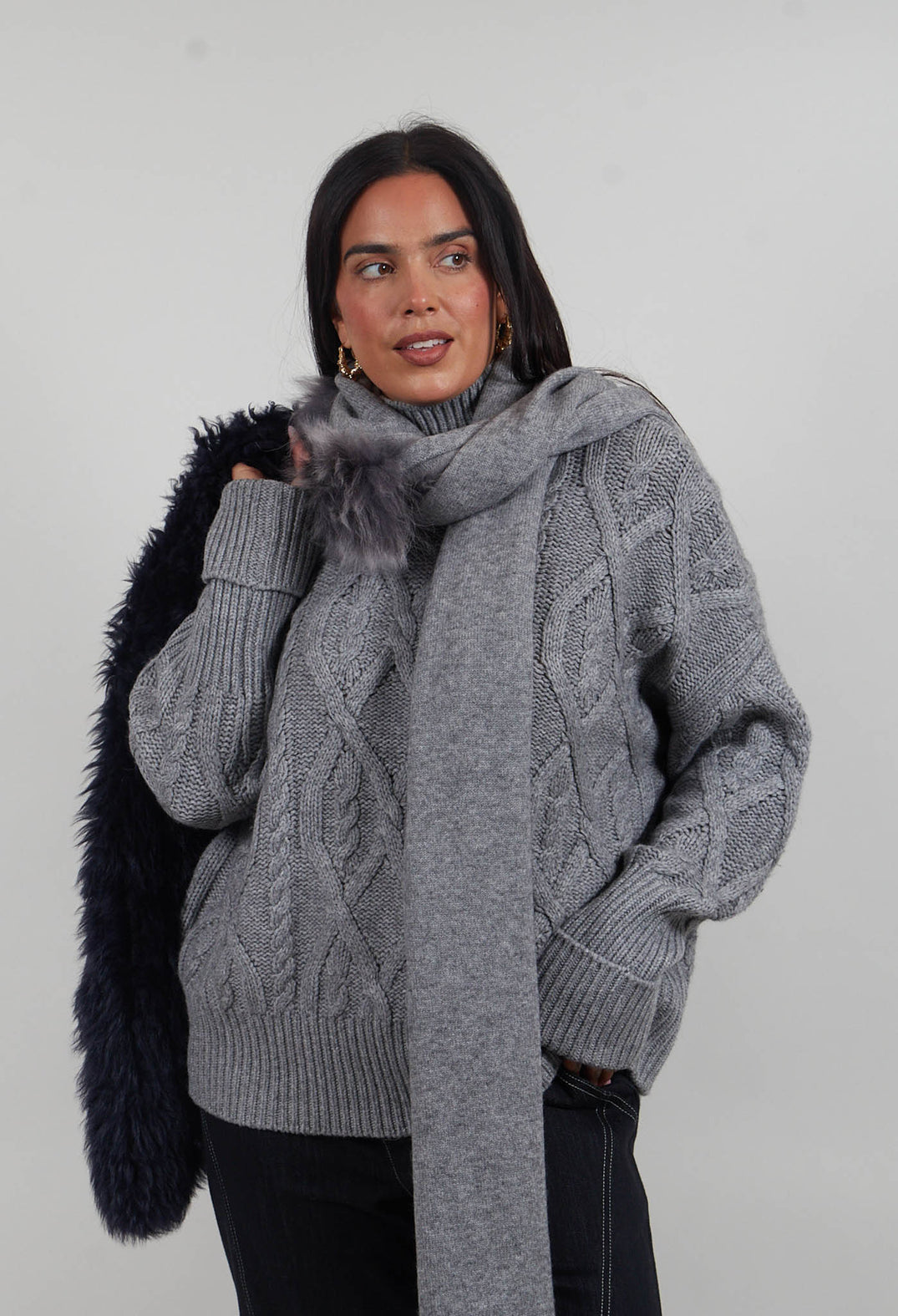 Wool Scarf with Fur Trim in Silver