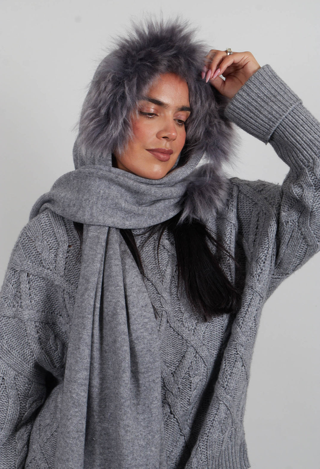 Wool Scarf with Fur Trim in Silver