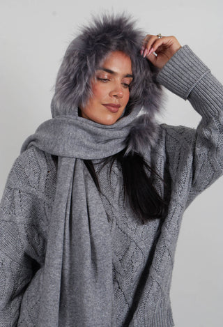 Wool Scarf with Fur Trim in Silver