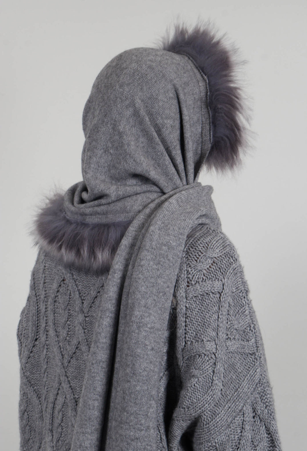Wool Scarf with Fur Trim in Silver