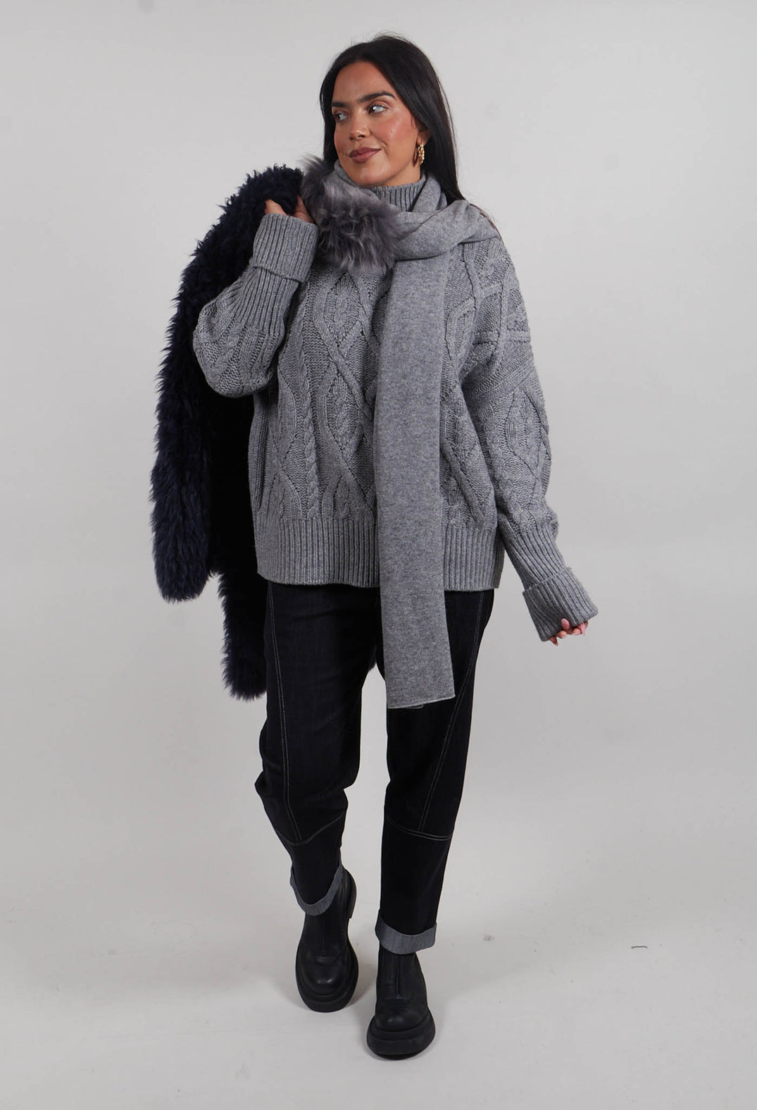 Wool Scarf with Fur Trim in Silver