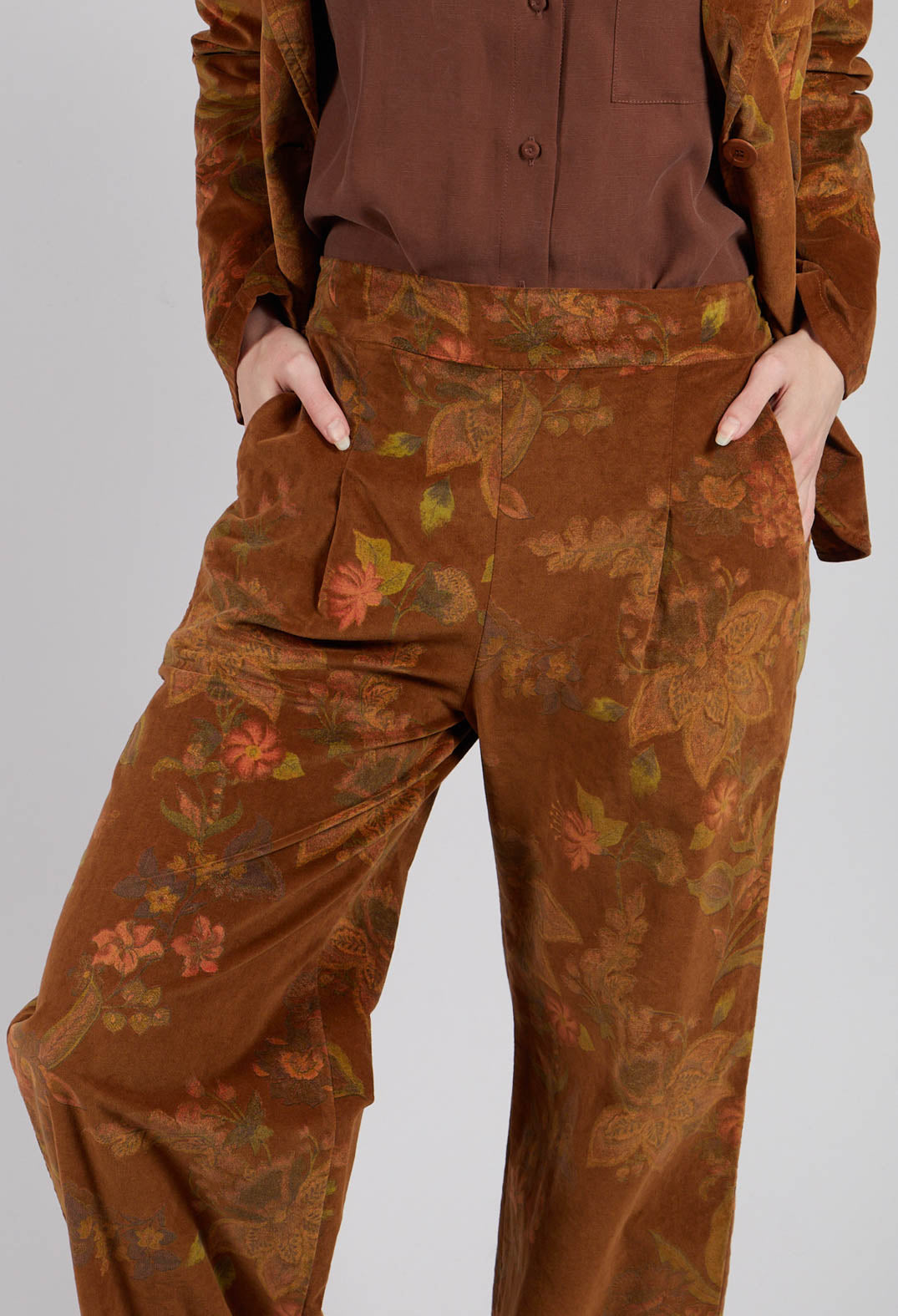 Floral Velvet Palazzo Trousers in Tabacco