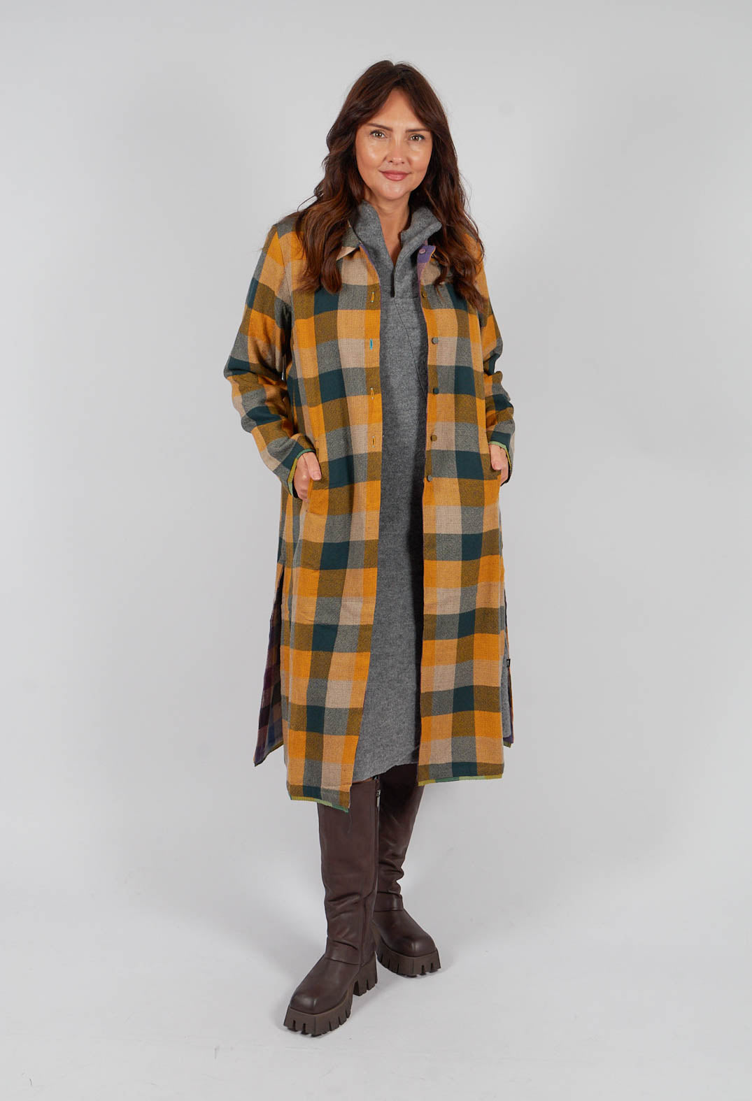 Eka Wool Brock Coat in Mustard Multicolour | Olivia May