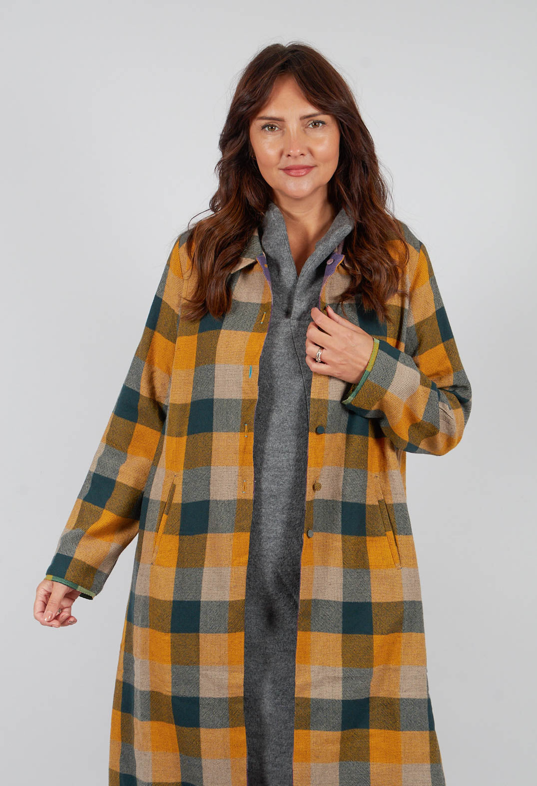 Wool Brock Coat in Mustard Multicolour