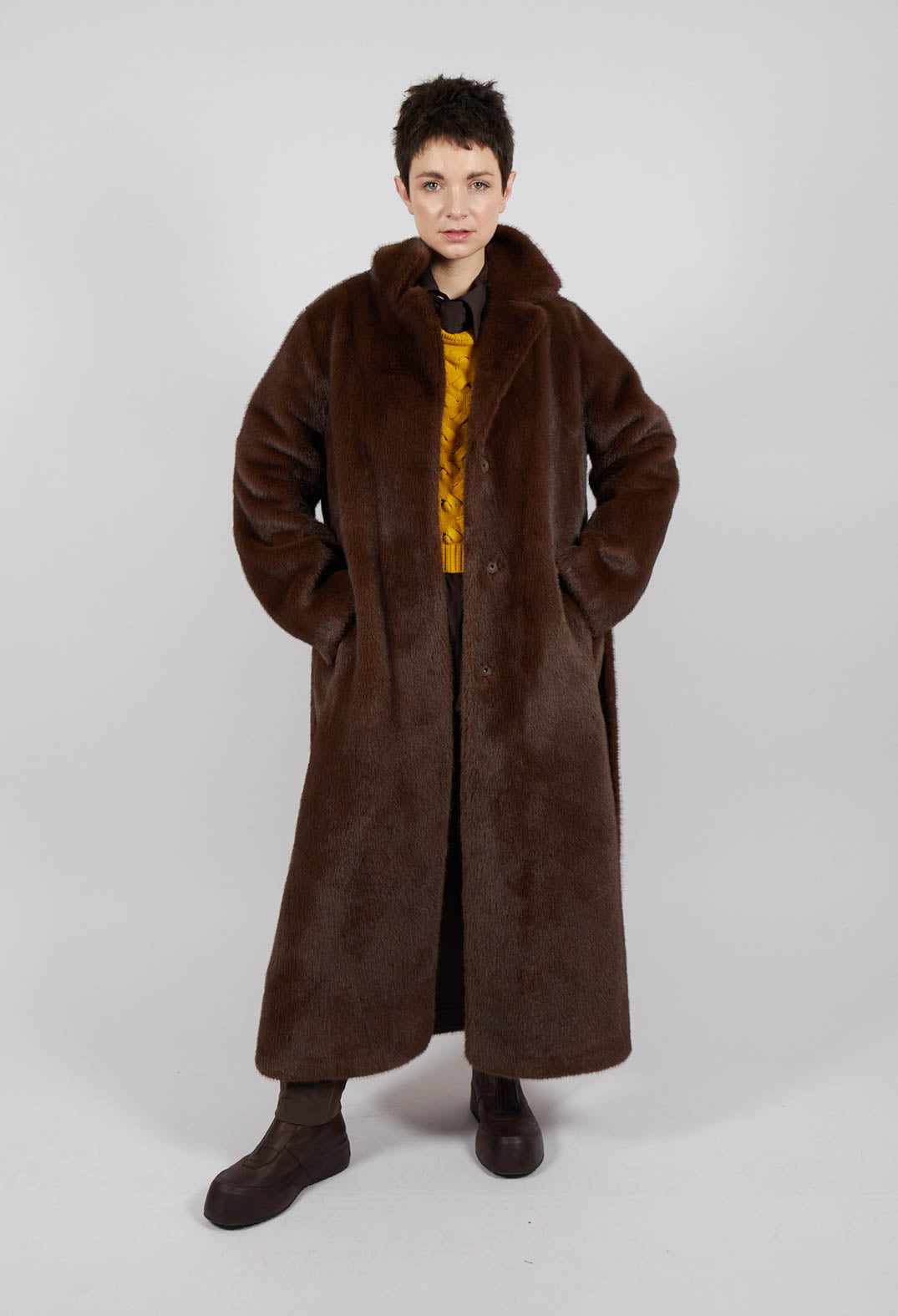 Longline Faux Fur Coat in Chocolate – Olivia May
