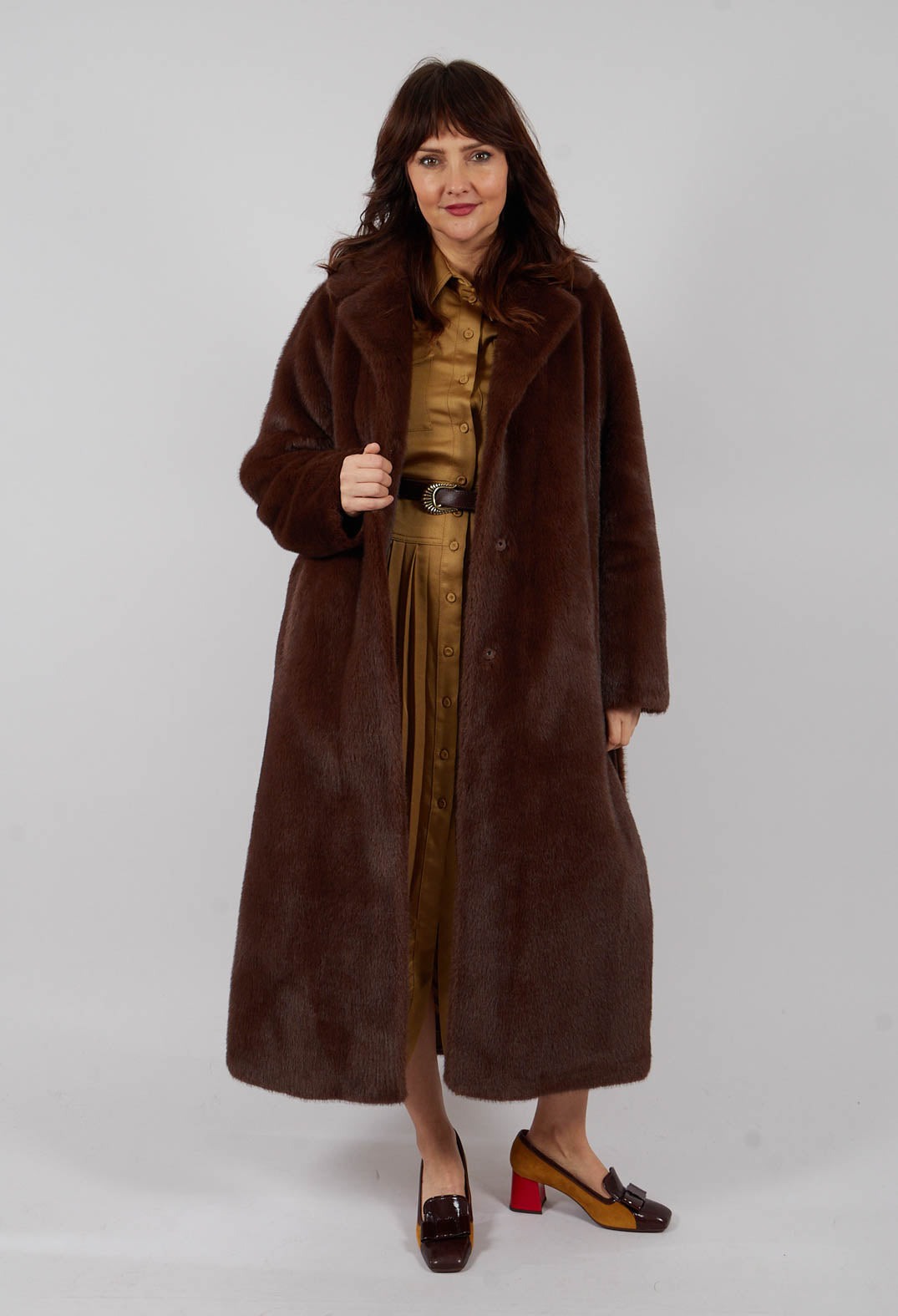 Artico Longline Faux Fur Coat in Chocolate | Olivia May