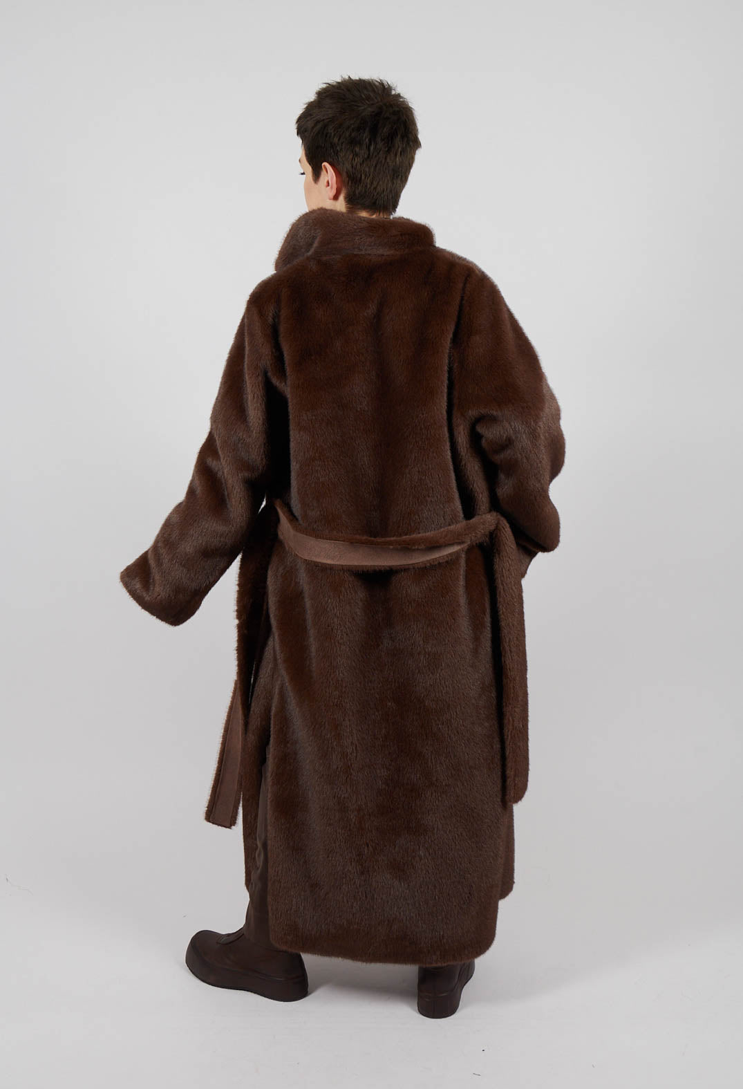 Artico Longline Faux Fur Coat in Chocolate | Olivia May