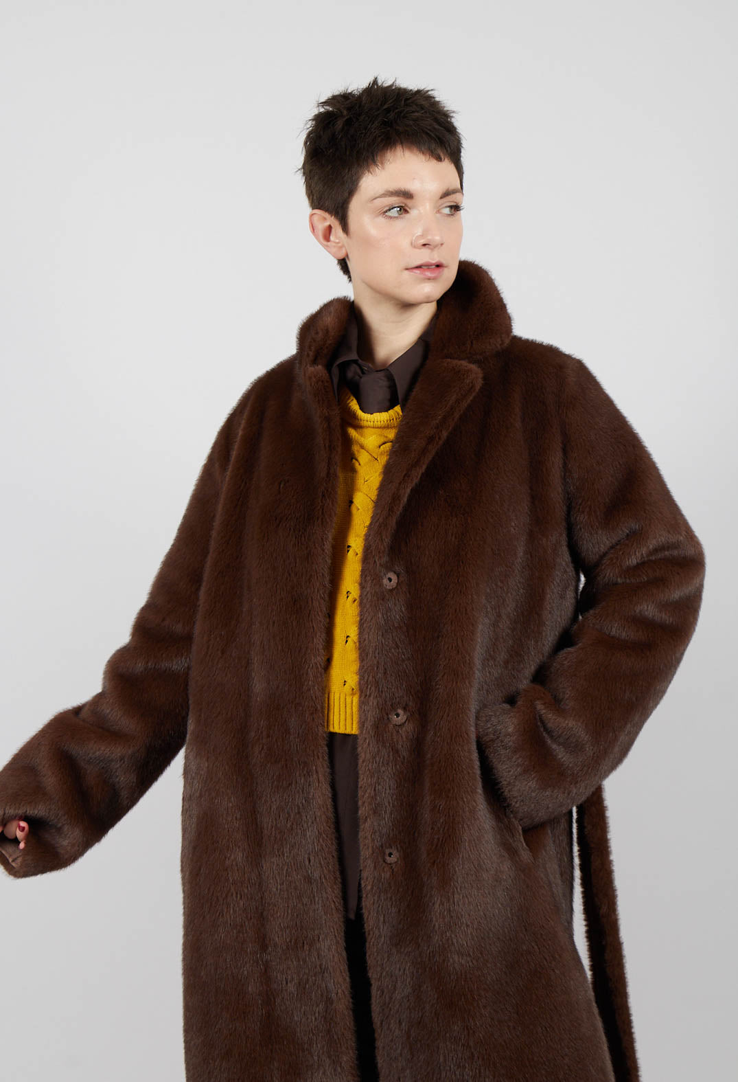 Longline Faux Fur Coat in Chocolate
