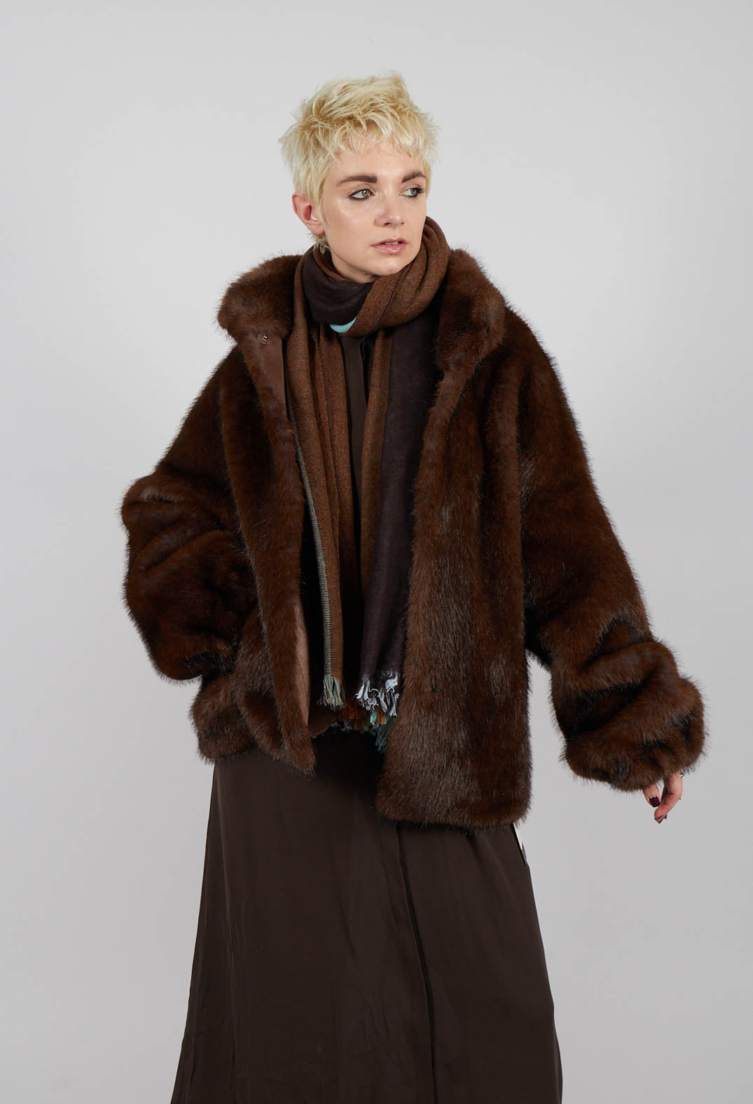 Faux Fur Jacket with High Neck in Brown