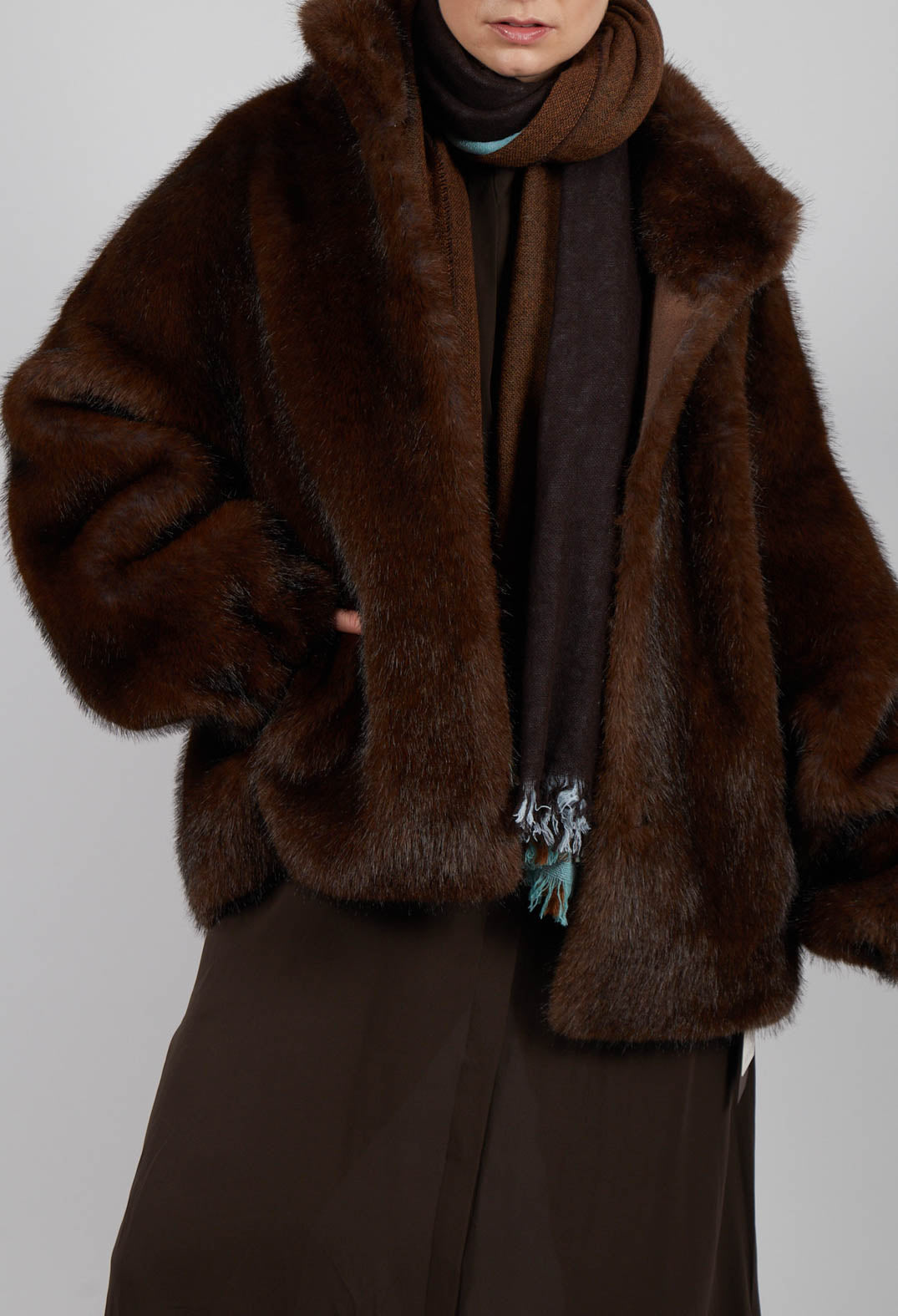 Faux Fur Jacket with High Neck in Brown