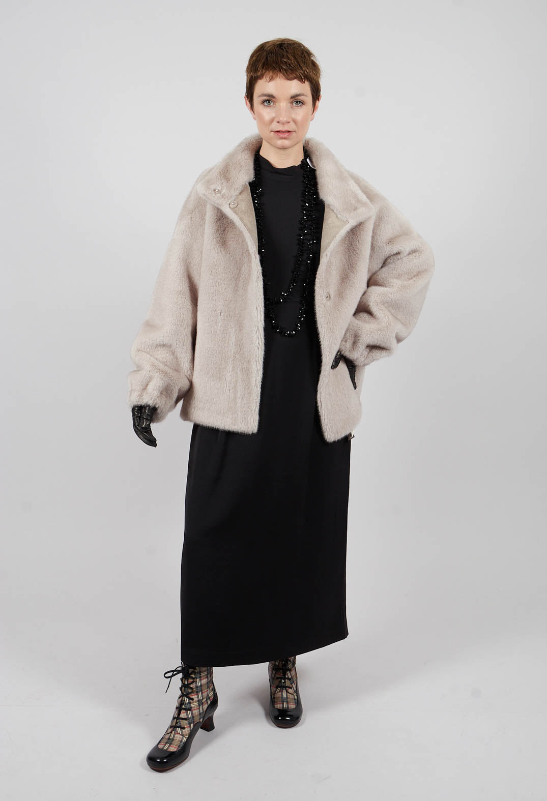 Faux Fur Jacket with High Neck in Grey – Olivia May