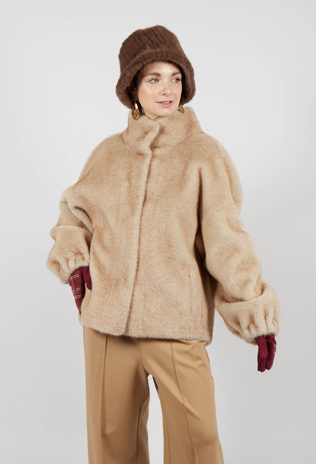 Faux Fur Jacket with High Neck in Beige – Olivia May