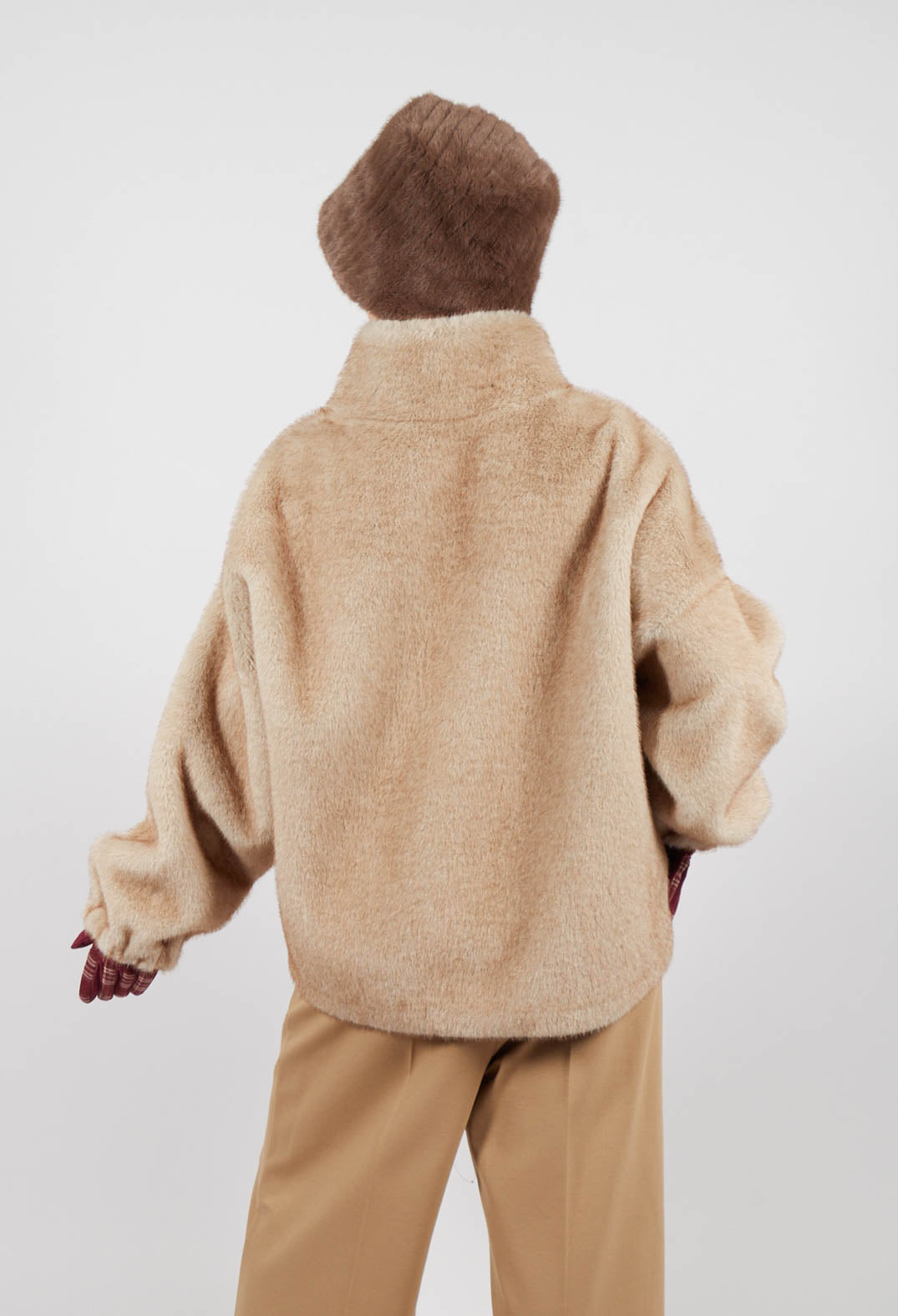 Faux Fur Jacket with High Neck in Beige