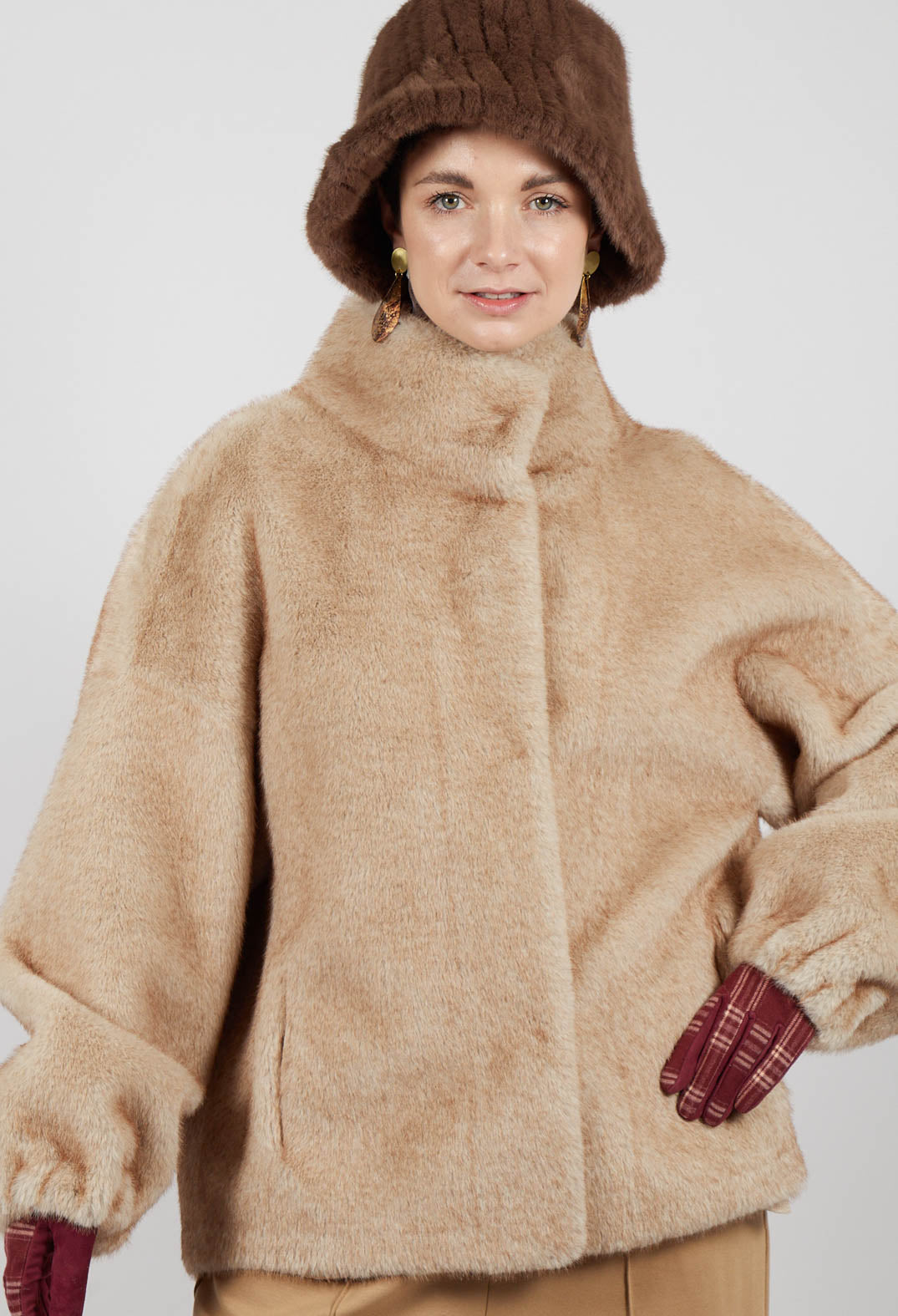 Faux Fur Jacket with High Neck in Beige
