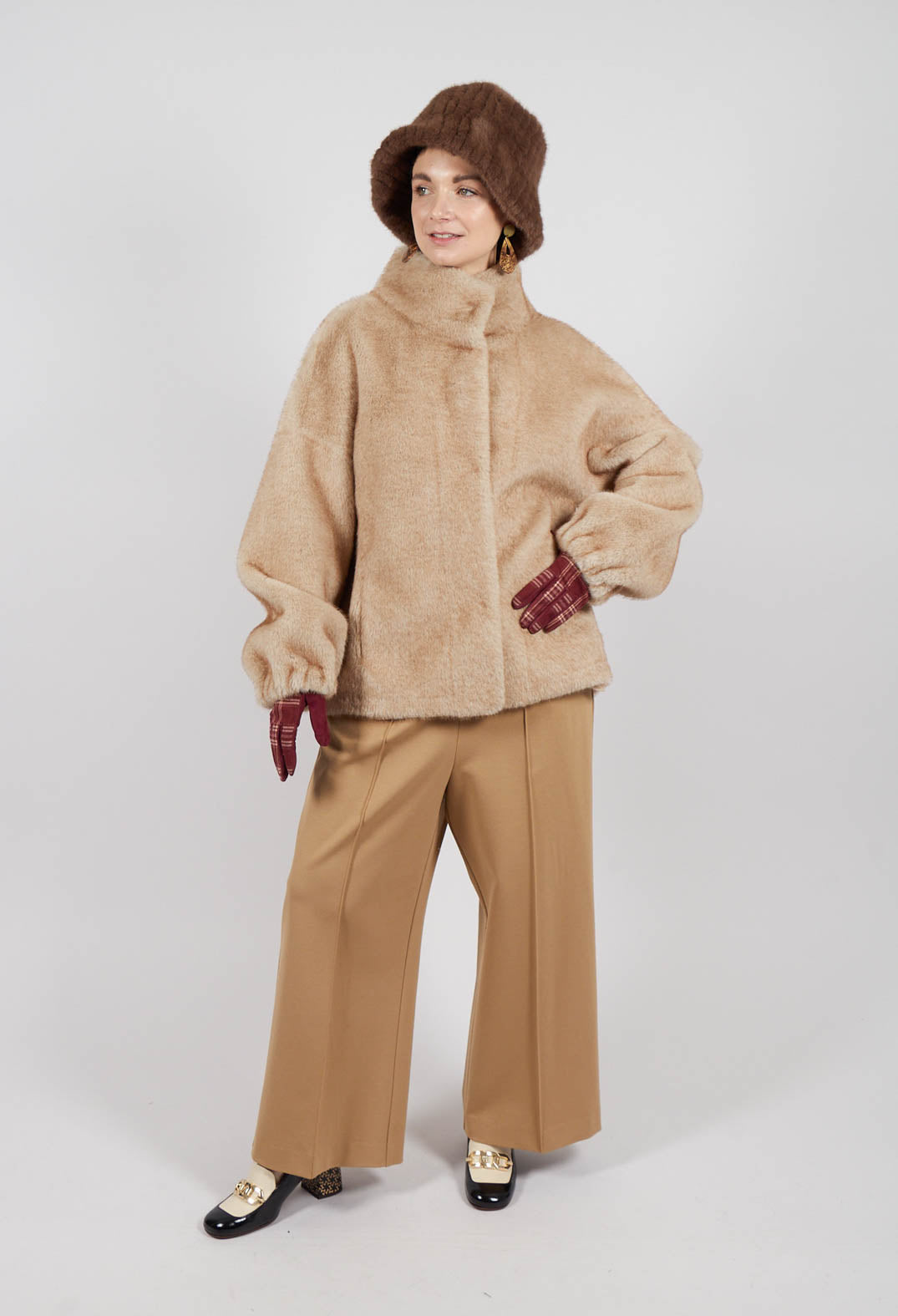 Faux Fur Jacket with High Neck in Beige