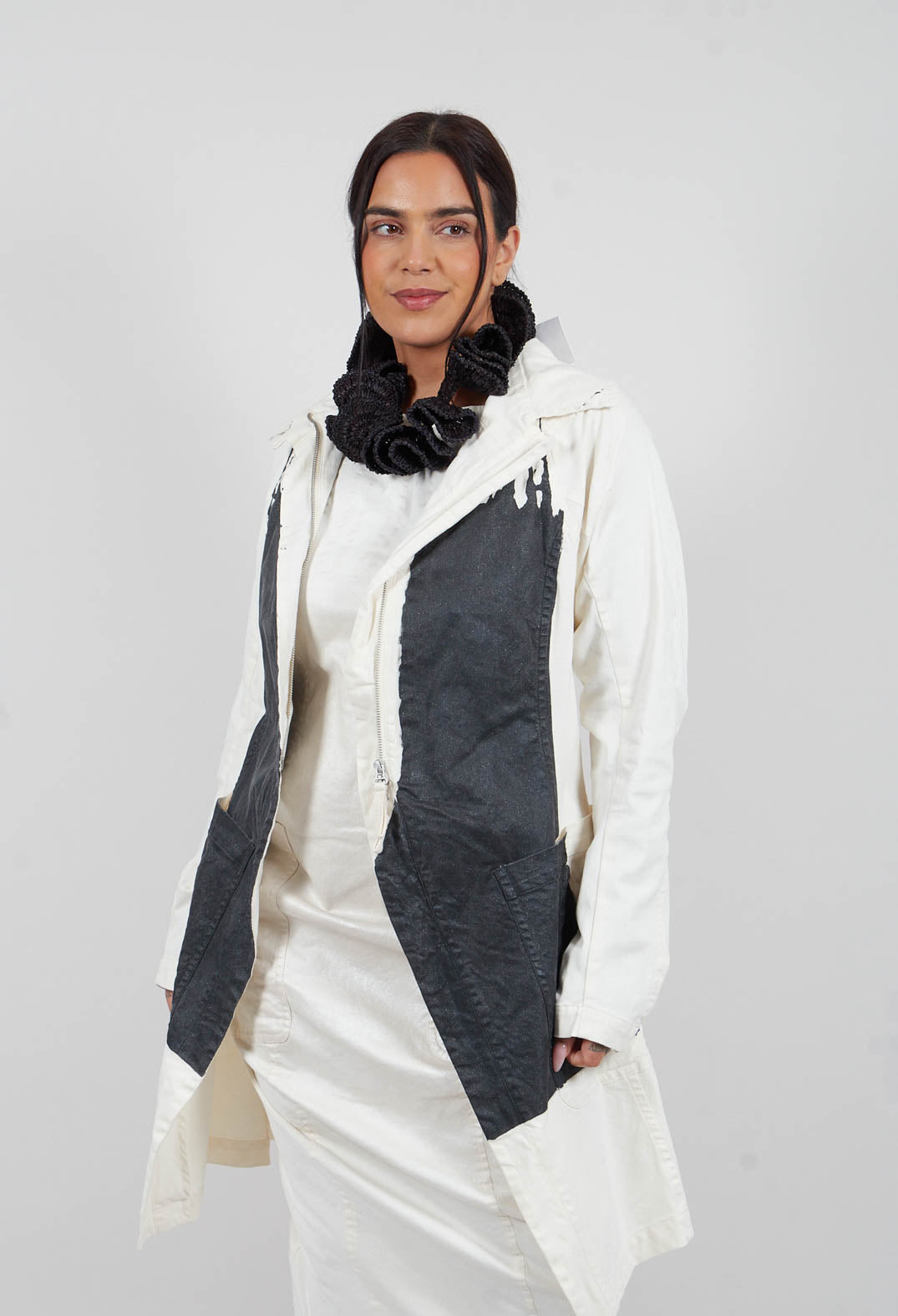 Contrasting Print Coat in Black Paint