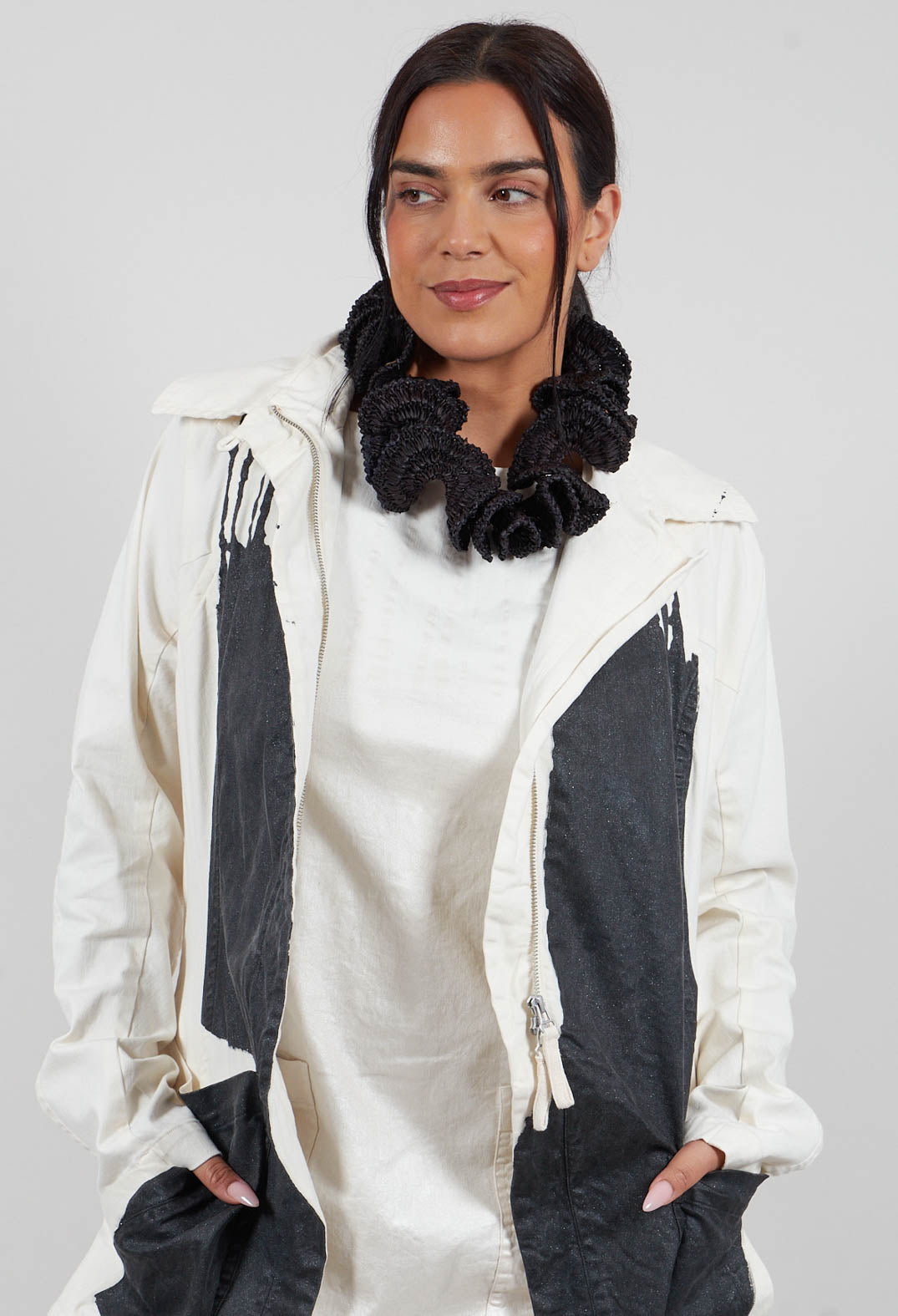 Contrasting Print Coat in Black Paint