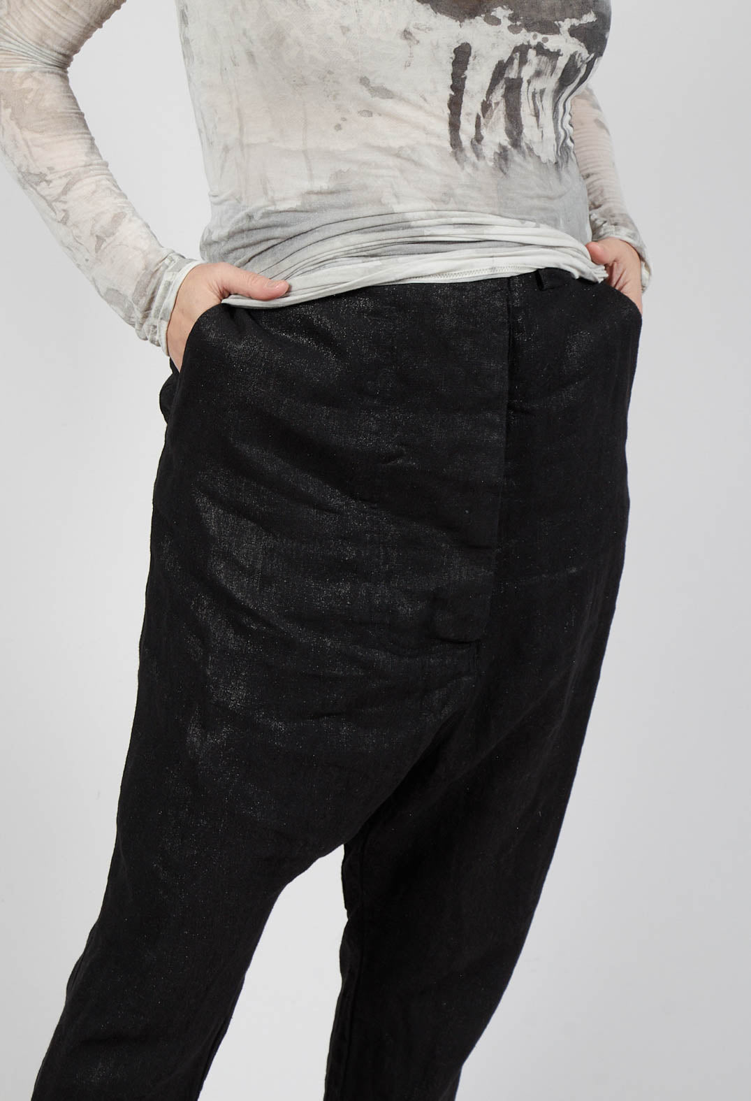 Linen Drop Crotch Trousers in Black Sparkle