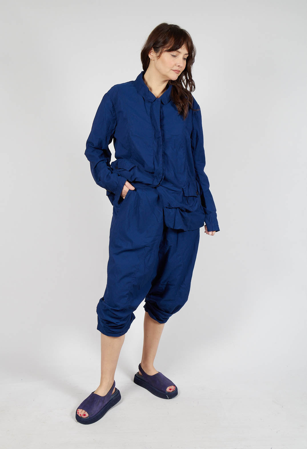 Gathered Hem Cropped Trousers in Ocean