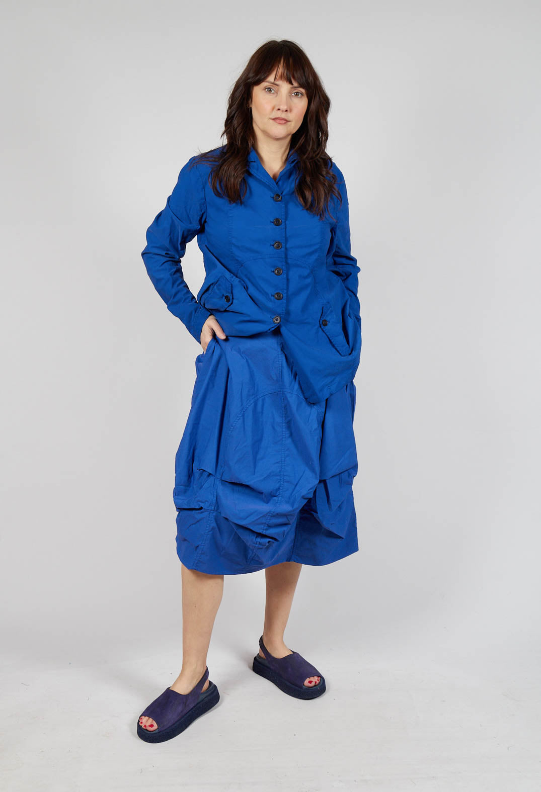 Gathered Midi Skirt with Back Button-Flap Pockets in Royal
