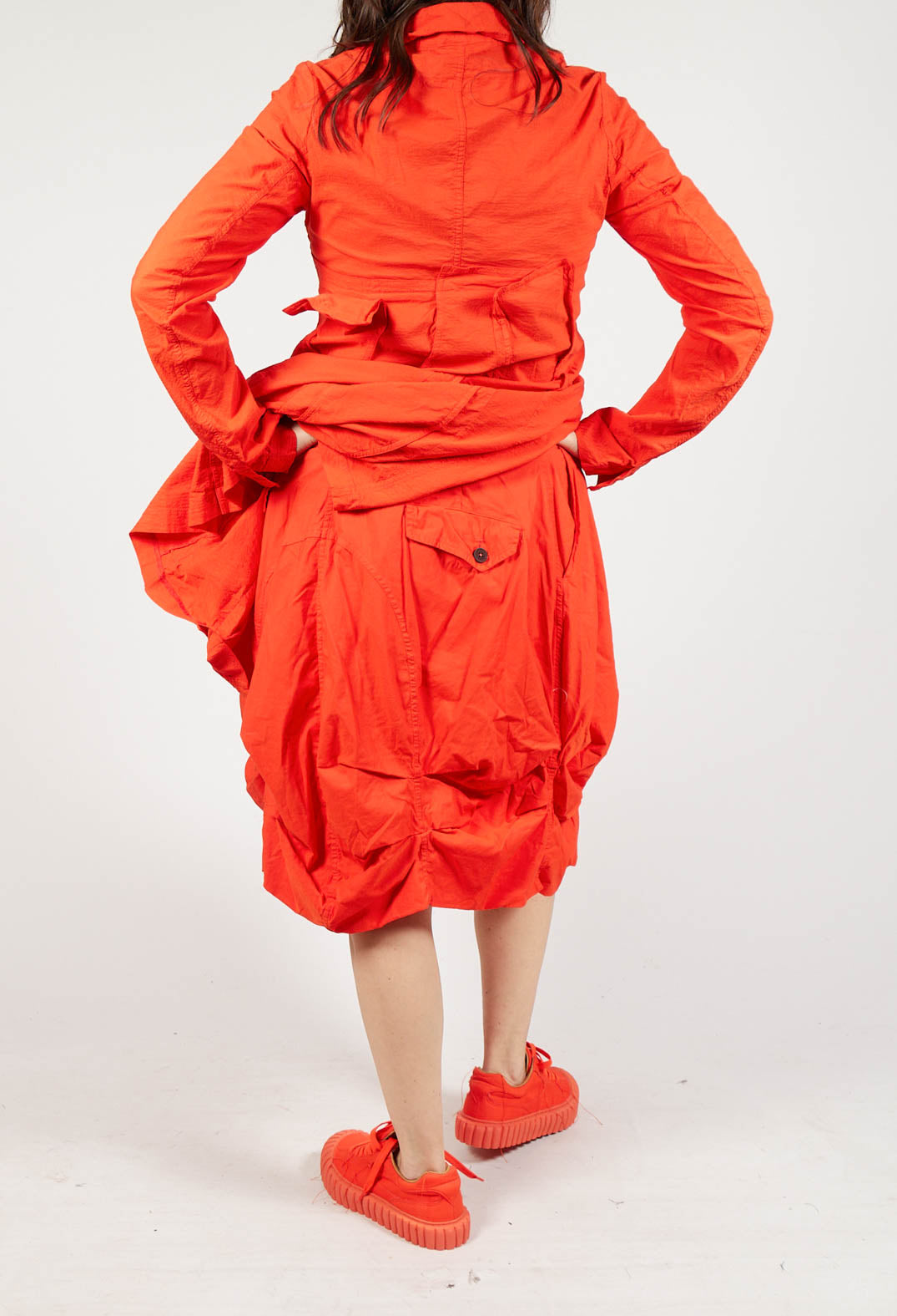 Gathered Midi Skirt with Back Button-Flap Pockets in Mandarine