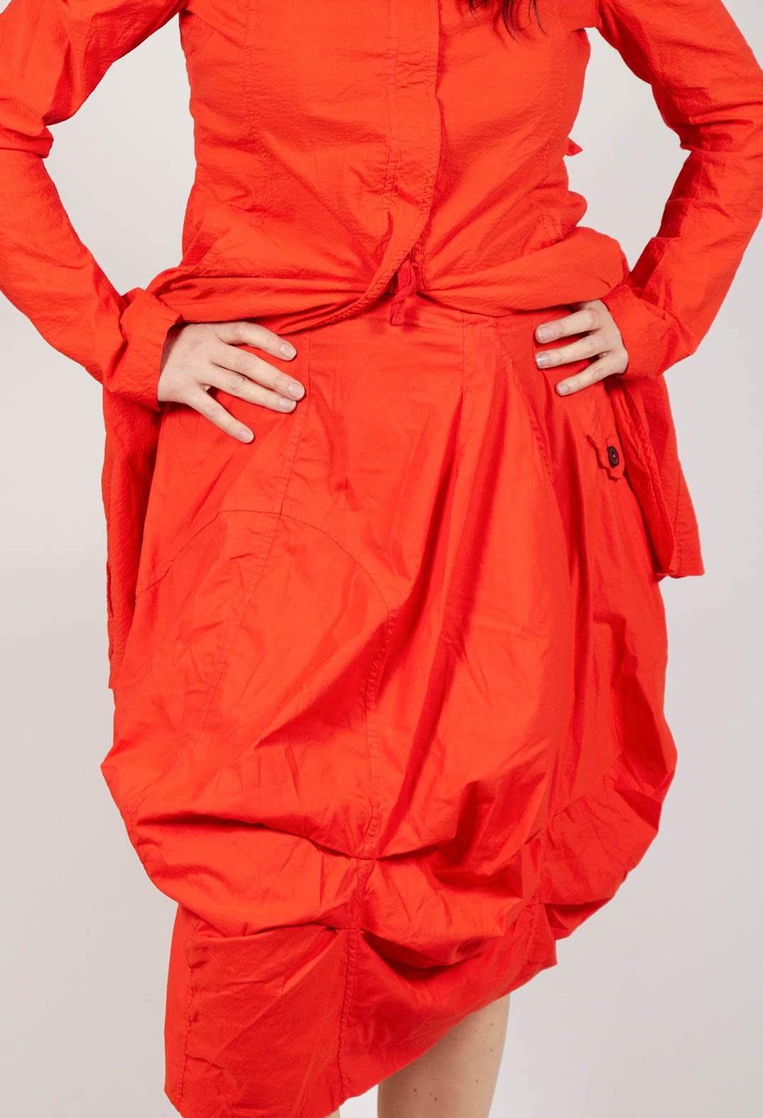Gathered Midi Skirt with Back Button-Flap Pockets in Mandarine