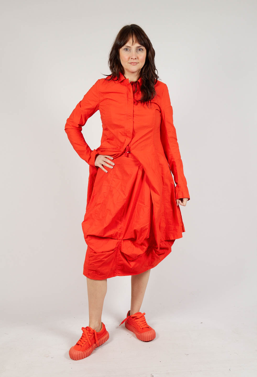 Gathered Midi Skirt with Back Button-Flap Pockets in Mandarine