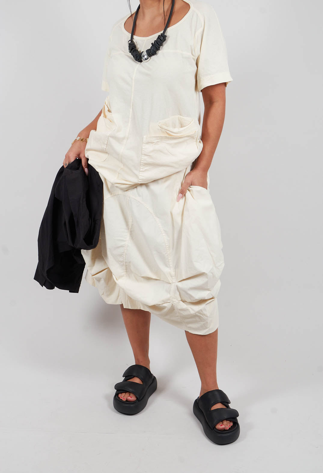 Gathered Midi Skirt with Back Button-Flap Pockets in Greige