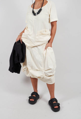 Gathered Midi Skirt with Back Button-Flap Pockets in Greige