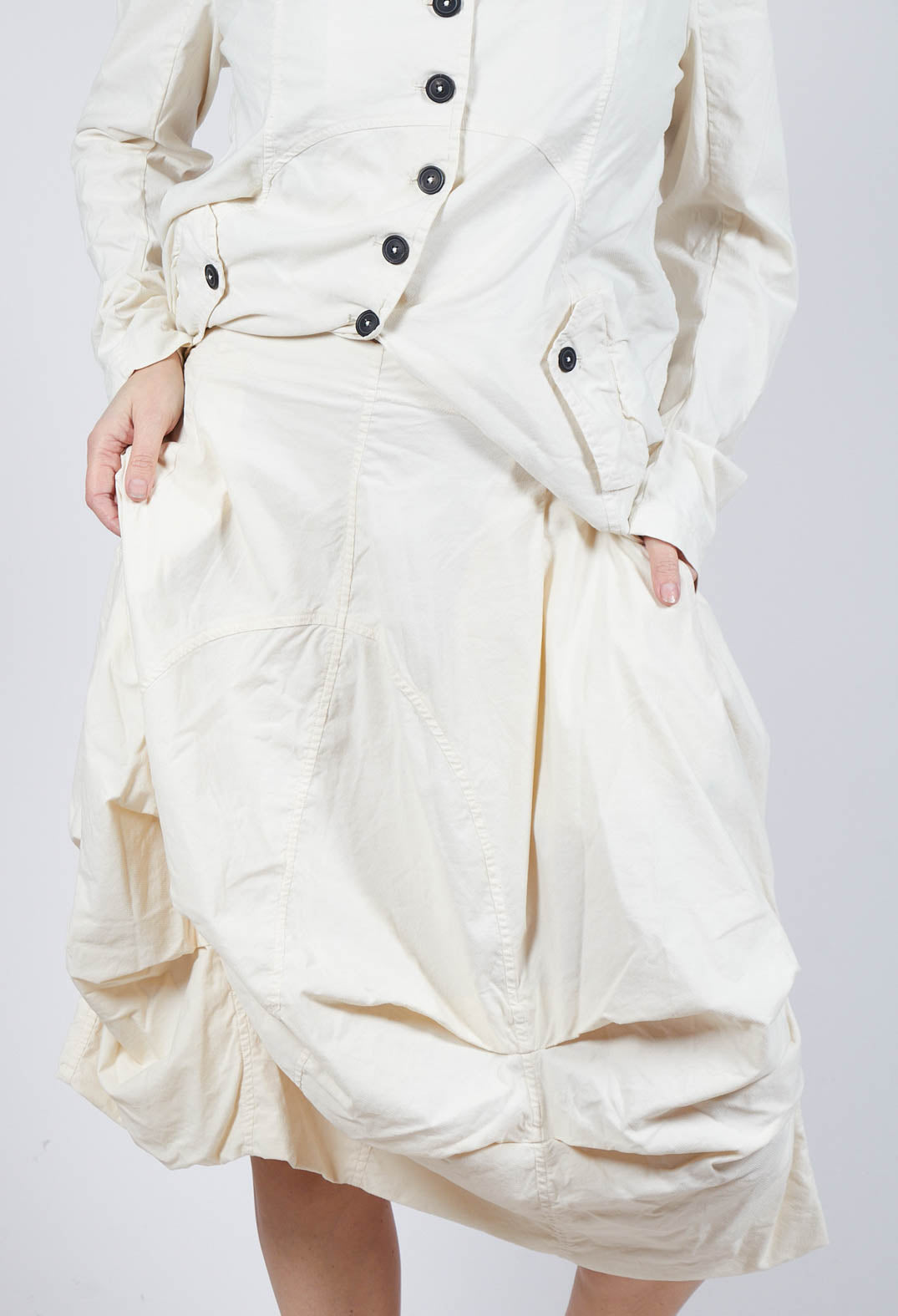 Gathered Midi Skirt with Back Button-Flap Pockets in Greige