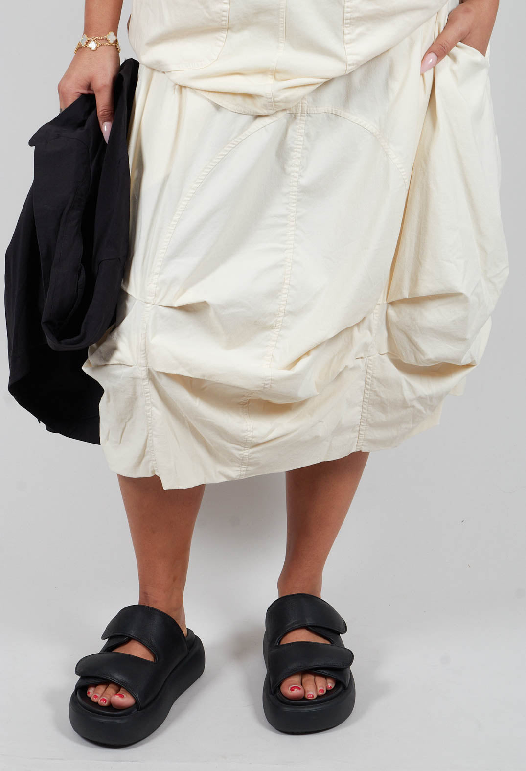 Gathered Midi Skirt with Back Button-Flap Pockets in Greige