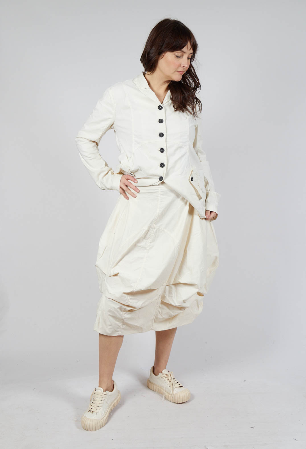 Gathered Midi Skirt with Back Button-Flap Pockets in Greige