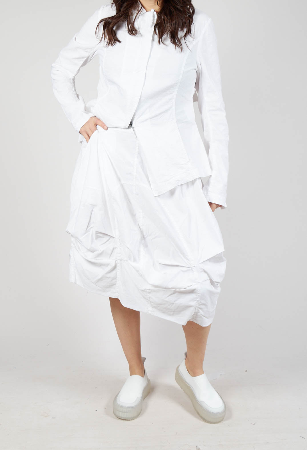 Gathered Midi Skirt with Back Button-Flap Pockets in Semi Bleach