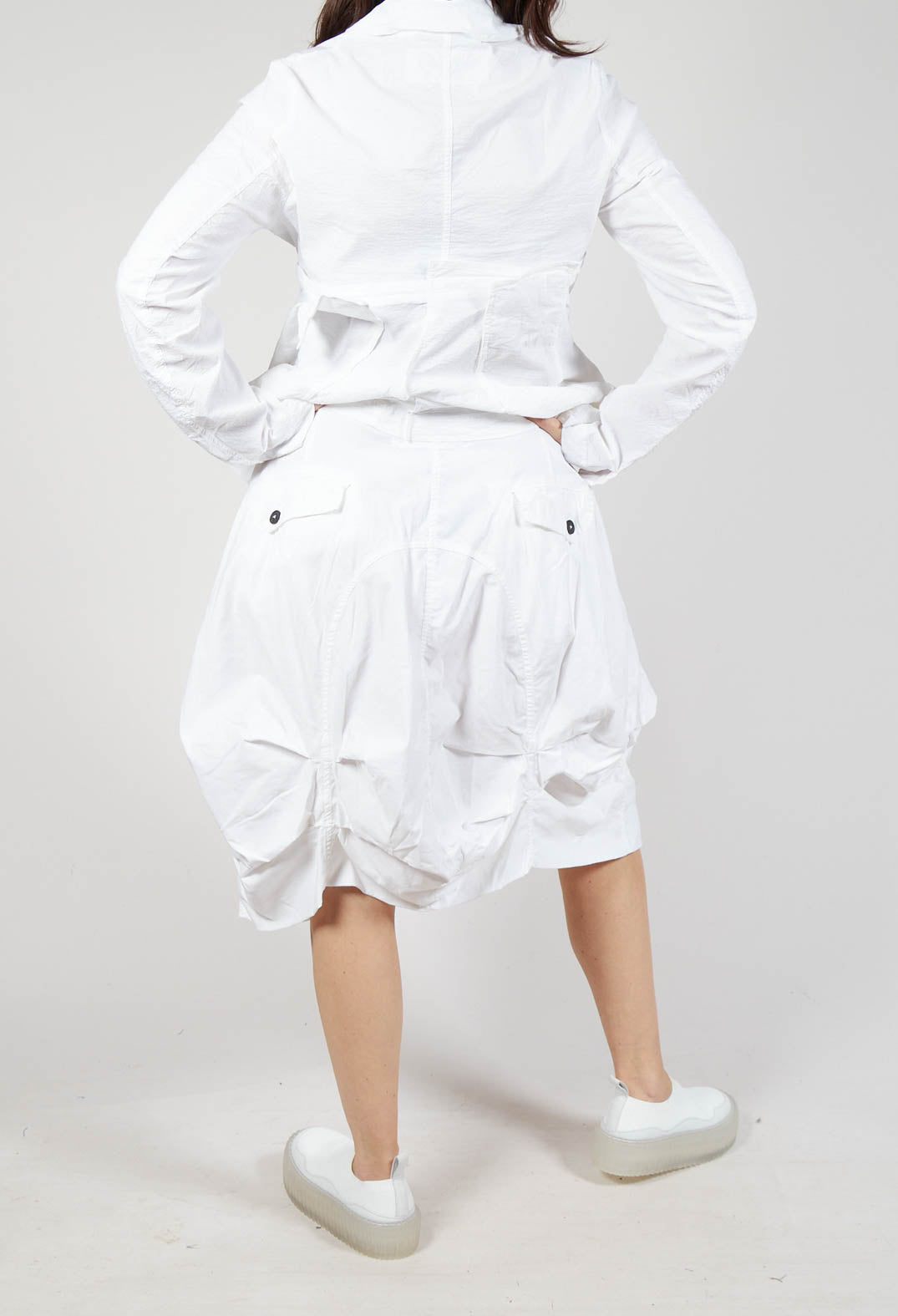 Gathered Midi Skirt with Back Button-Flap Pockets in Semi Bleach