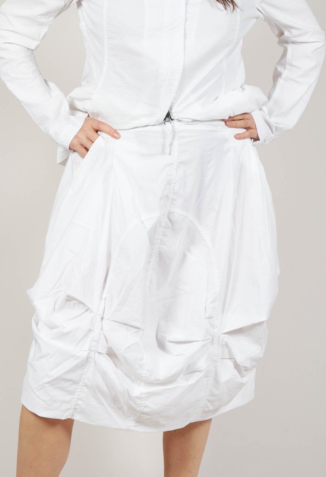 Gathered Midi Skirt with Back Button-Flap Pockets in Semi Bleach