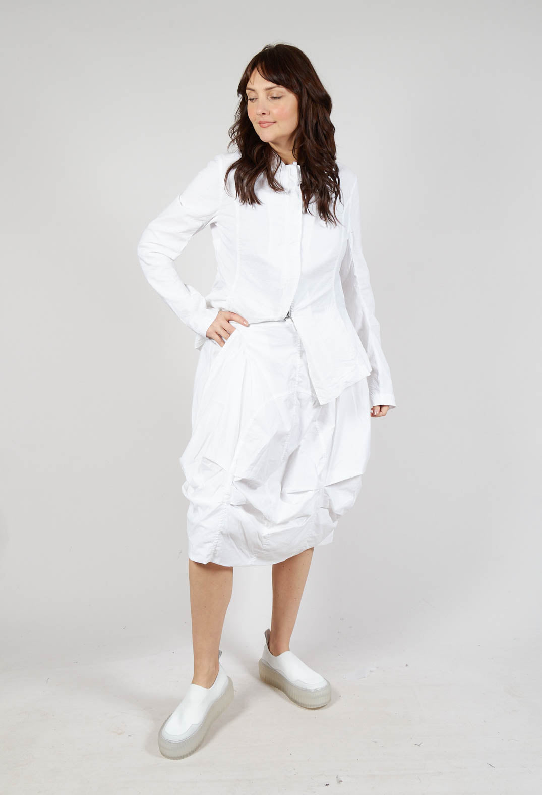 Gathered Midi Skirt with Back Button-Flap Pockets in Semi Bleach