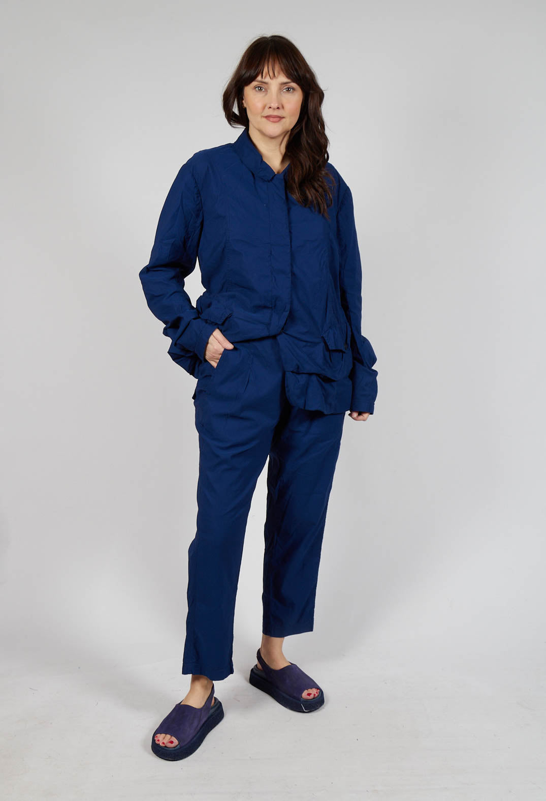 Straight-Leg Trousers with Button-Flap Back Pockets in Ocean