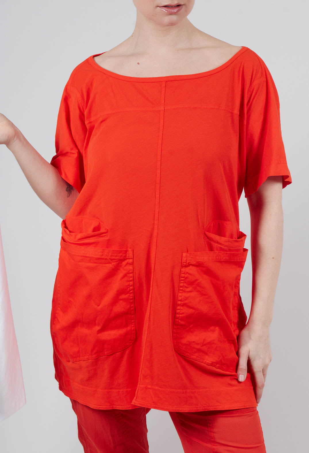 Longline T-Shirt with Front Patch Pockets in Mandarine