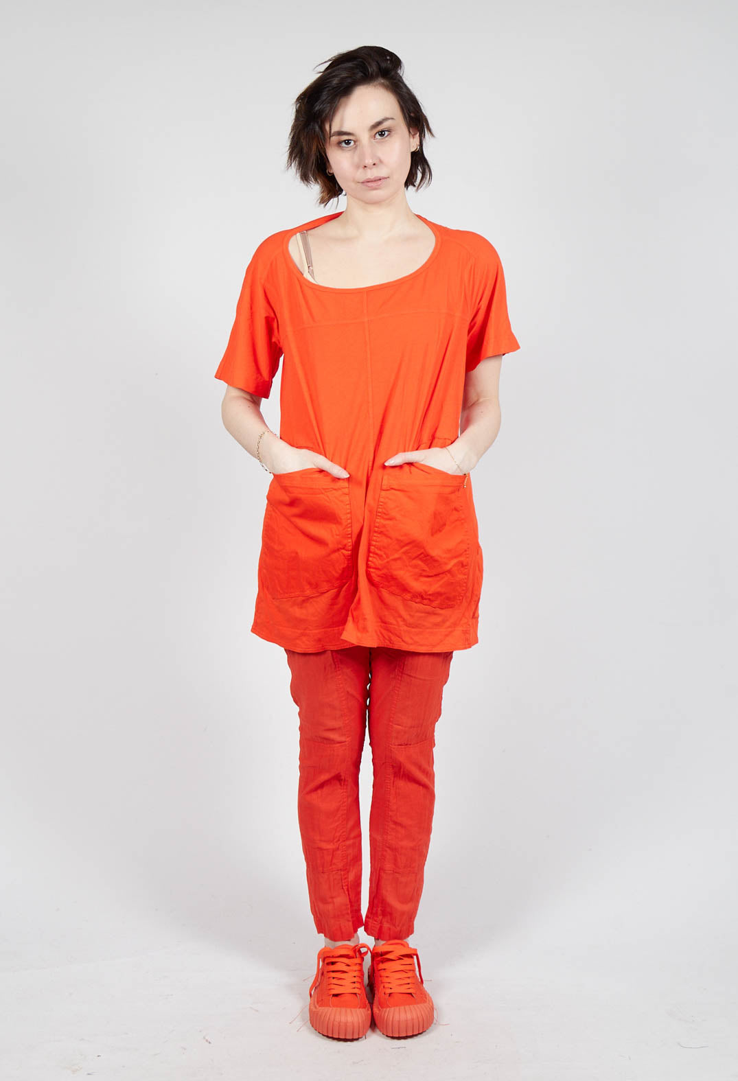 Longline T-Shirt with Front Patch Pockets in Mandarine