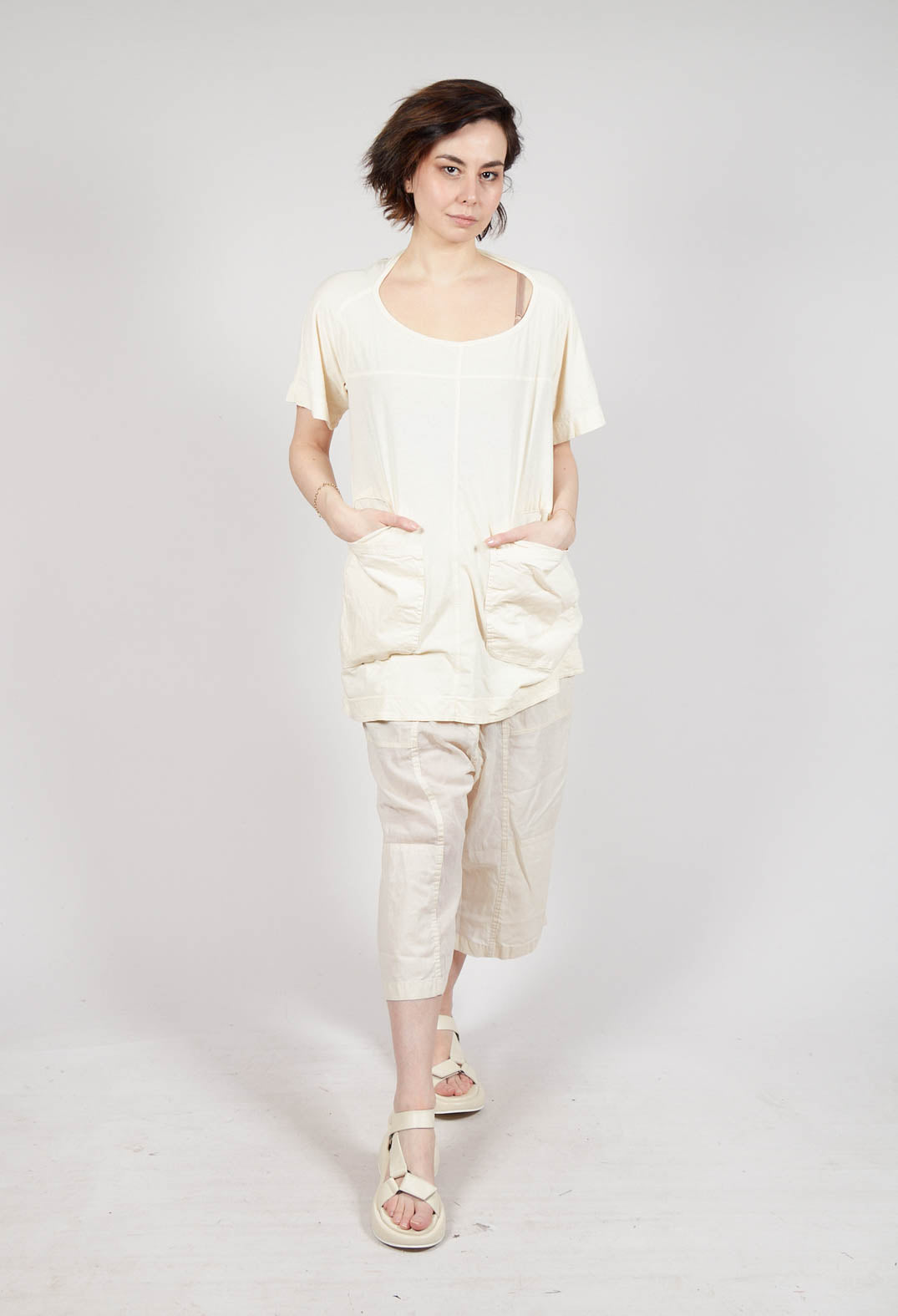 Longline T-Shirt with Front Patch Pockets in Greige