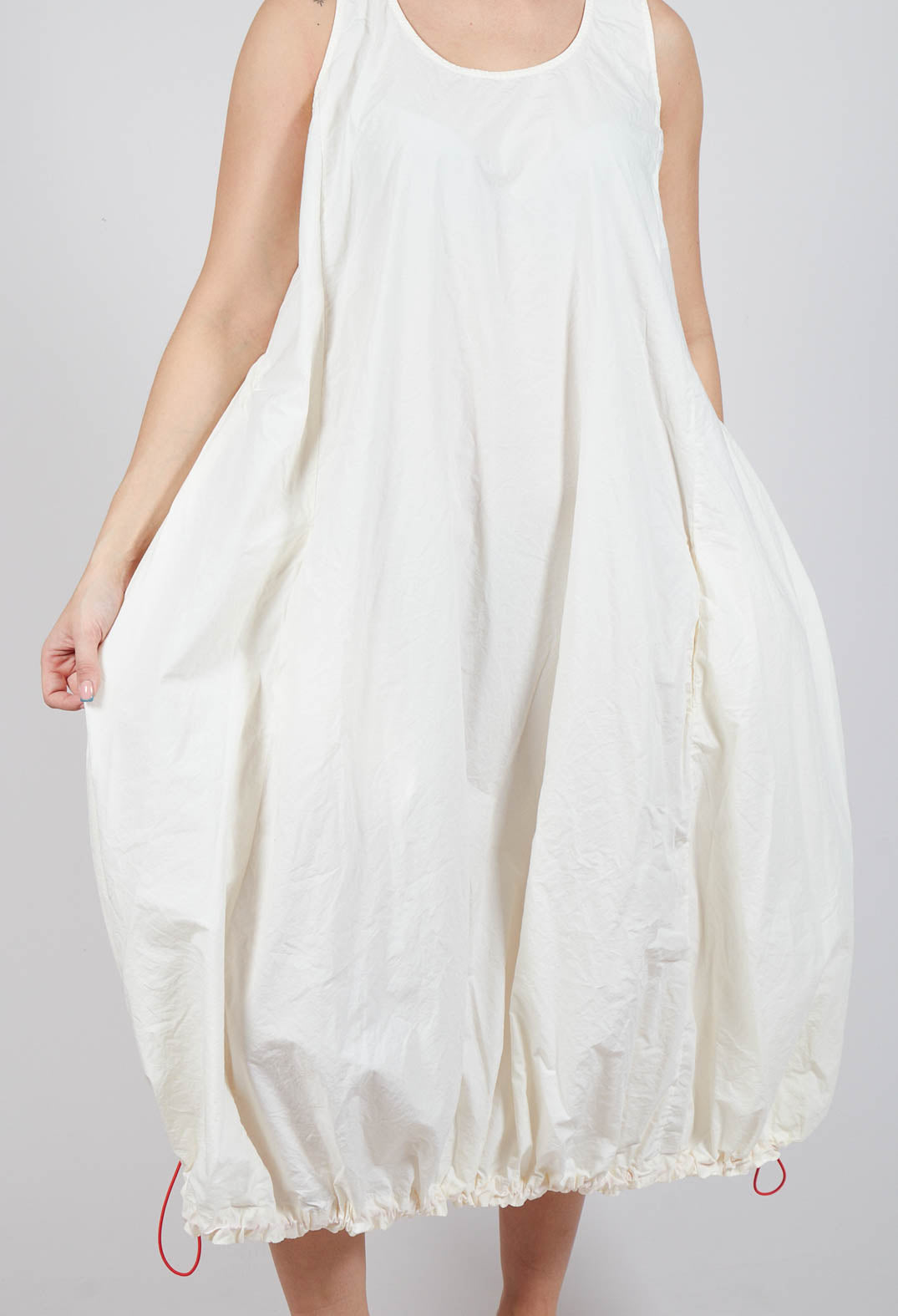 Balloon-Shaped Dress with Pull Toggle Hemline in Greige